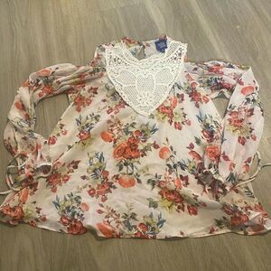 Disney Beauty And The Beast Womens Multicolor Floral Long Sleeve Blouse Top Sz M